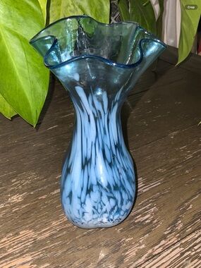 Lefton Blue and White Ruffled Art Glass Vase 7”